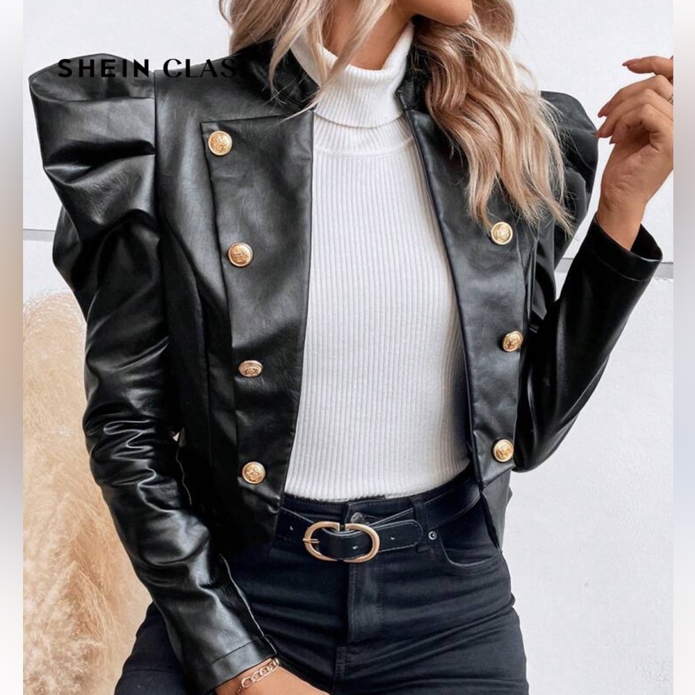 SHEIN Black and Gold Leather Jacket Fitted Cropped